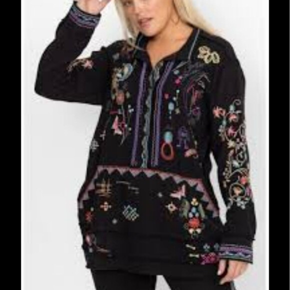 XL JOHNNY WAS EMBROIDERED COTTON LIGHTWEIGHT BOHO TUNIC TOP NAVY FRONT POCKET - Picture 1 of 15